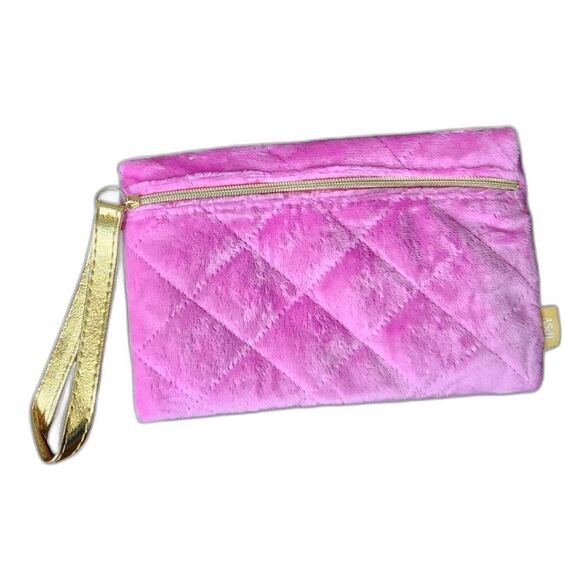 ipsy Handbags - Ipsy Pink Quilted Velvet Pouch Zippered Cosmetic Bag Toiletries Makeup Bag